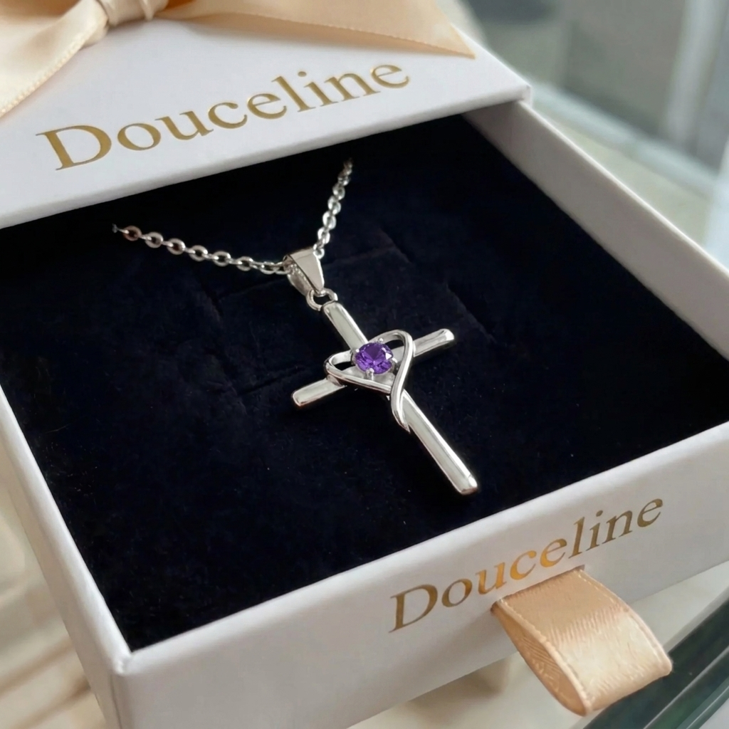 Collier Croix Centre Amethyste Or Blanc - Douceline