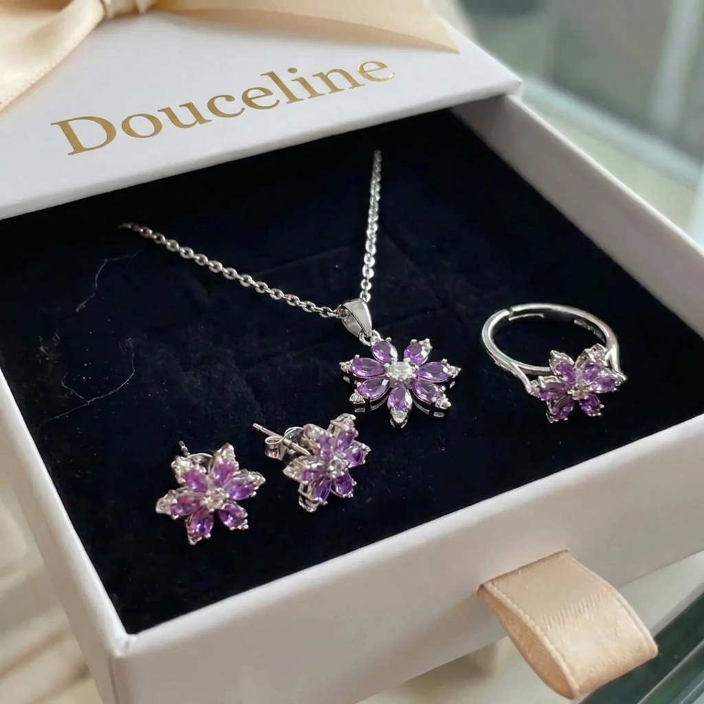 Ensemble Bijoux Amethyst Bloom Or Blanc - Douceline